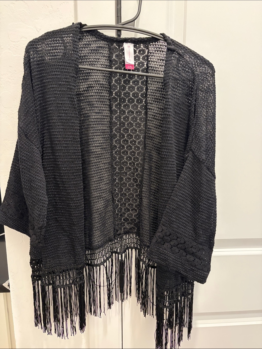 No Boundaries Black Open-Front Fringe Crochet Kimono